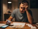 "Homem preocupado analisando contas e dinheiro em uma mesa, com celular e xícara de café ao lado."