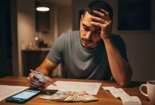 "Homem preocupado analisando contas e dinheiro em uma mesa, com celular e xícara de café ao lado."