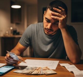 "Homem preocupado analisando contas e dinheiro em uma mesa, com celular e xícara de café ao lado."
