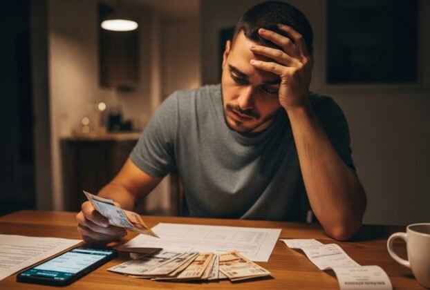"Homem preocupado analisando contas e dinheiro em uma mesa, com celular e xícara de café ao lado."