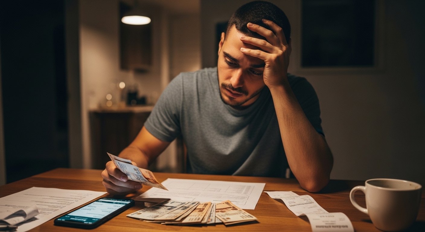 "Homem preocupado analisando contas e dinheiro em uma mesa, com celular e xícara de café ao lado."