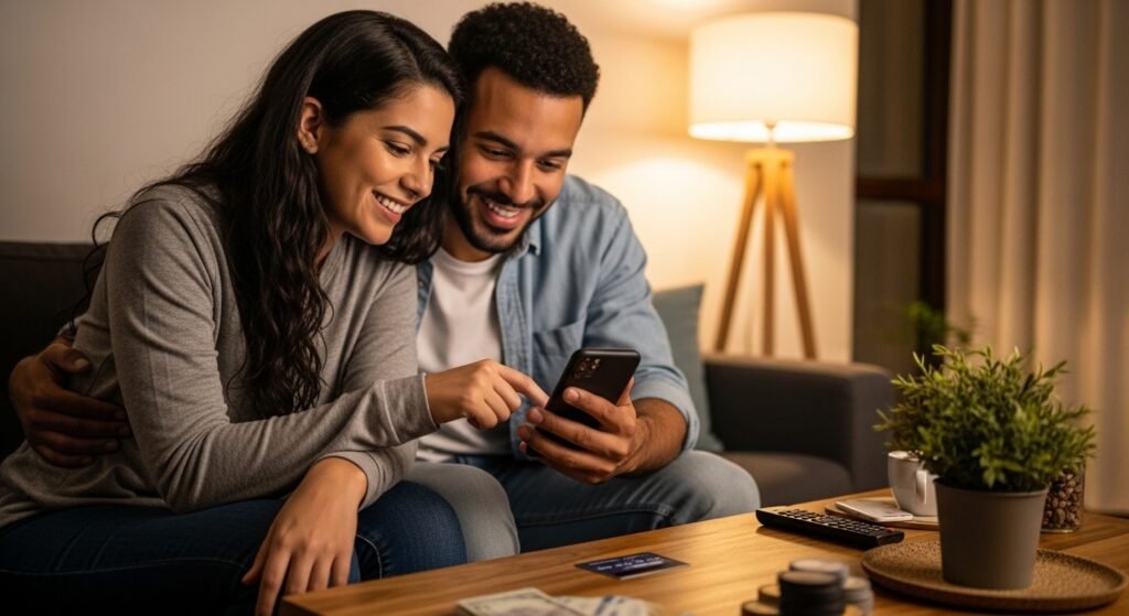 "Homem preocupado analisando contas e dinheiro em uma mesa, com celular e xícara de café ao lado."