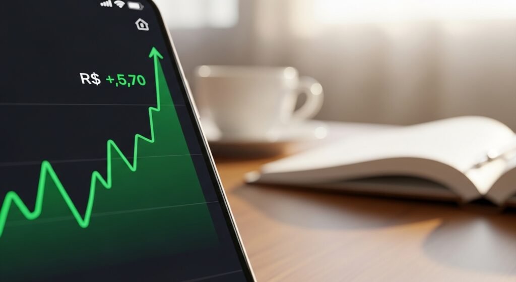 A imagem mostra a tela de um smartphone exibindo um gráfico financeiro em alta, com destaque para o valor de R$ 5,70. O gráfico é verde, indicando um resultado positivo. Ao fundo, desfocado, é possível ver uma xícara de café branca e um livro aberto sobre uma mesa de madeira, sugerindo um ambiente de trabalho, estudo ou planejamento financeiro.
