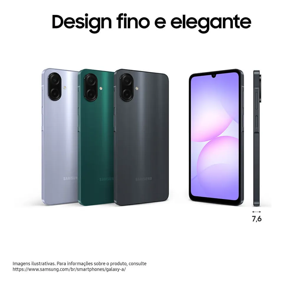 "Samsung Galaxy A07: smartphone com design moderno e tela ampla, exibindo a marca e o modelo na tela inicial."