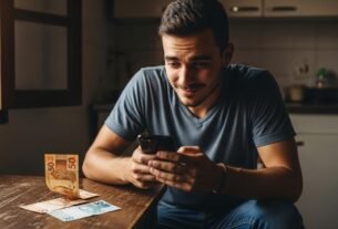 Homem sorridente usando celular sentado à mesa com cédulas de real brasileiras ao lado."