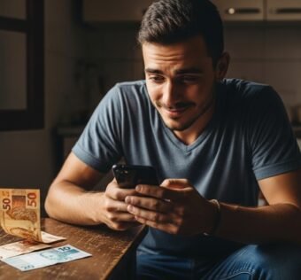 Homem sorridente usando celular sentado à mesa com cédulas de real brasileiras ao lado."