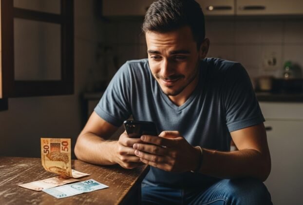 Homem sorridente usando celular sentado à mesa com cédulas de real brasileiras ao lado."