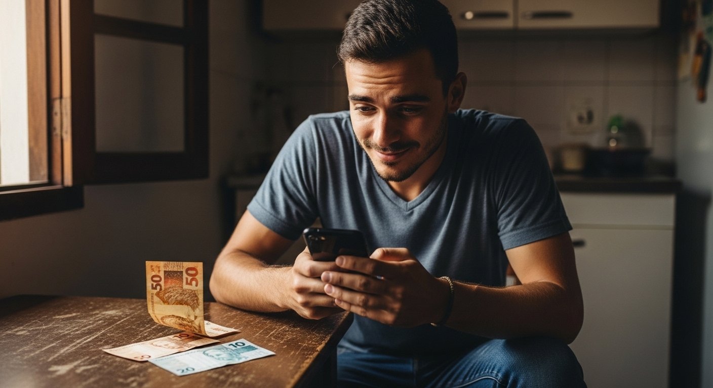 Homem sorridente usando celular sentado à mesa com cédulas de real brasileiras ao lado."
