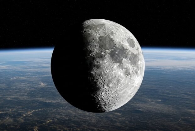 "Imagem da Lua cheia vista do espaço, com a Terra ao fundo mostrando continentes e nuvens."