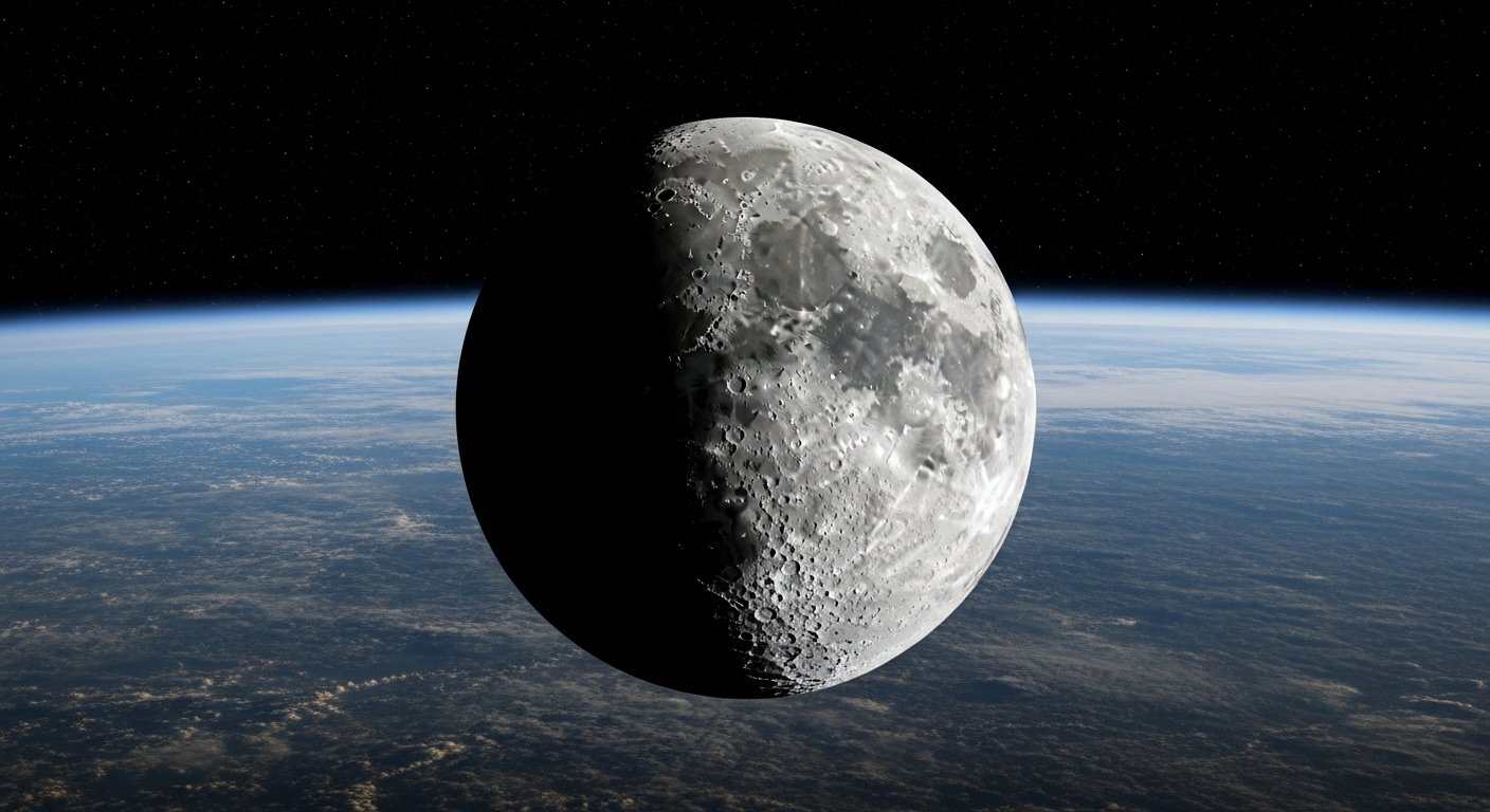 "Imagem da Lua cheia vista do espaço, com a Terra ao fundo mostrando continentes e nuvens."