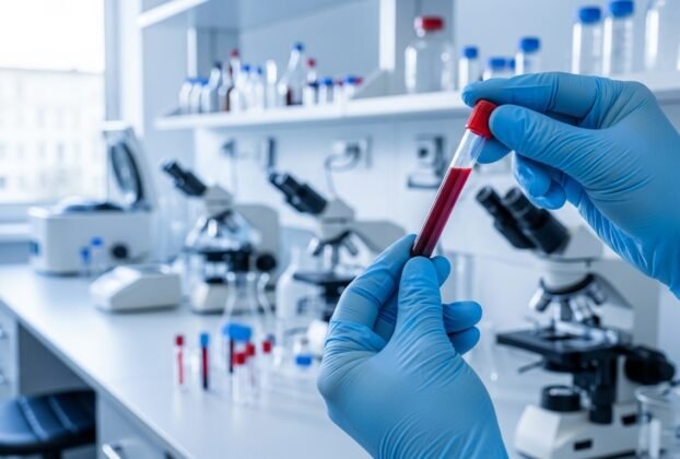 "Mão com luva azul segurando tubo de ensaio com amostra de sangue em laboratório equipado com microscópios e frascos."