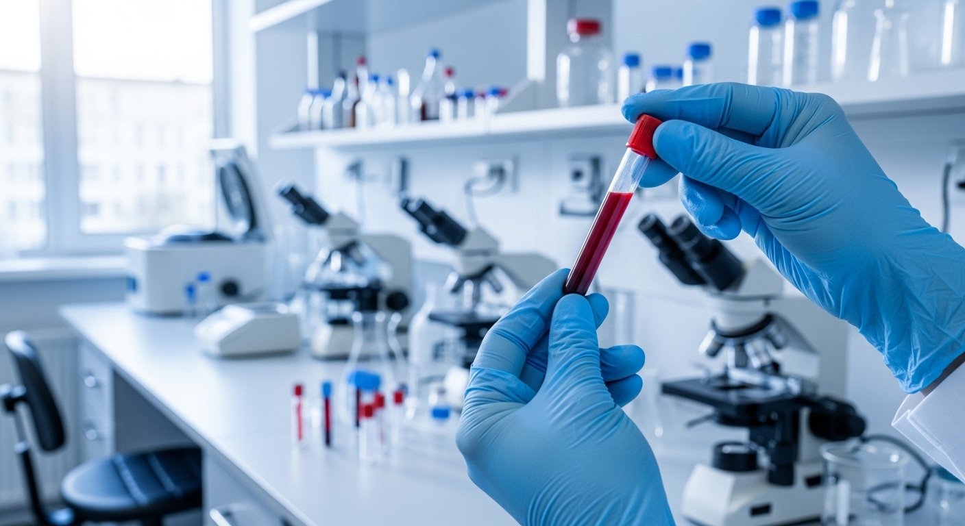 "Mão com luva azul segurando tubo de ensaio com amostra de sangue em laboratório equipado com microscópios e frascos."