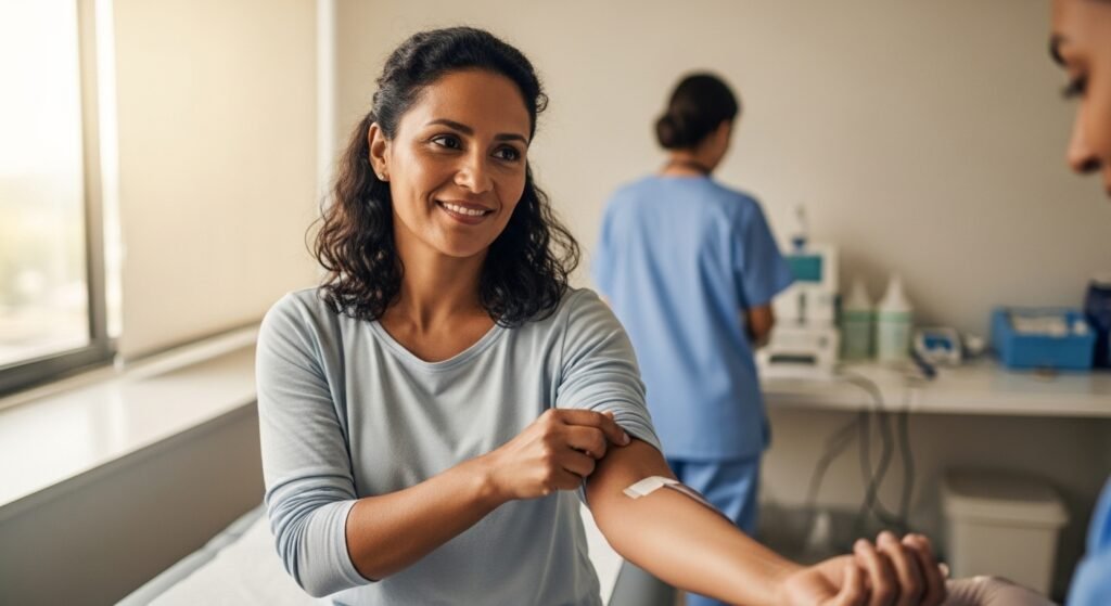 Mulher sorridente com curativo no braço após doação de sangue, acompanhada por profissional de saúde em ambiente clínico