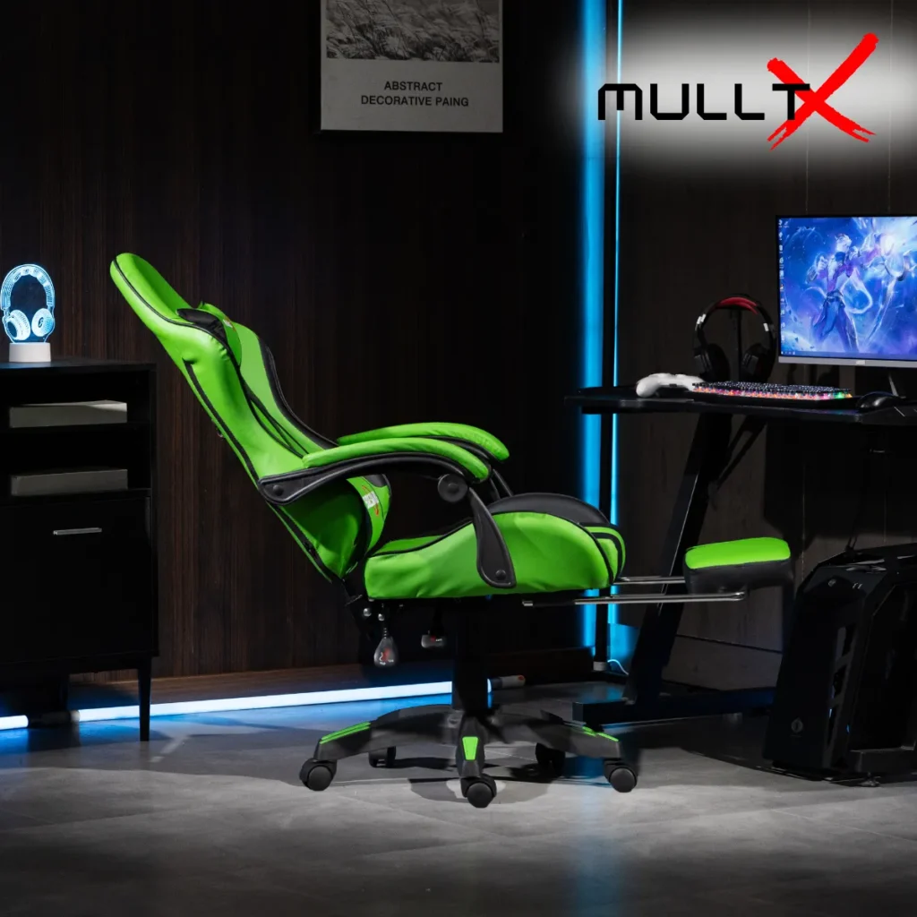"Cadeira gamer preta e branca com apoio para os pés, acompanhada de três versões com detalhes em vermelho.