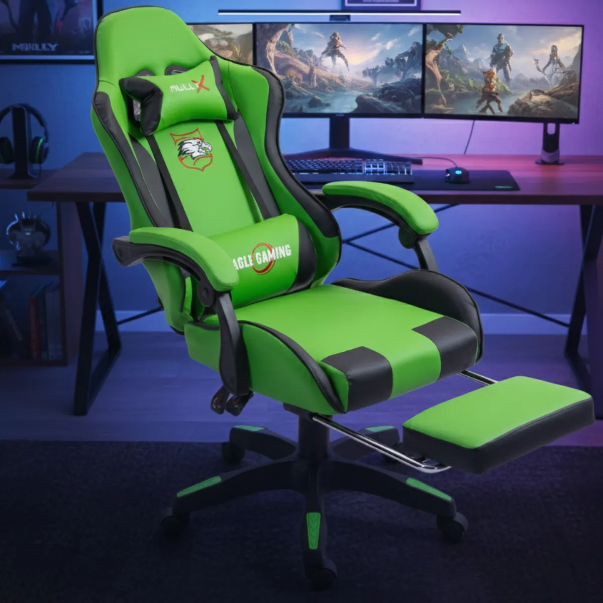"Cadeira gamer preta e branca com apoio para os pés, acompanhada de três versões com detalhes em vermelho e azul."