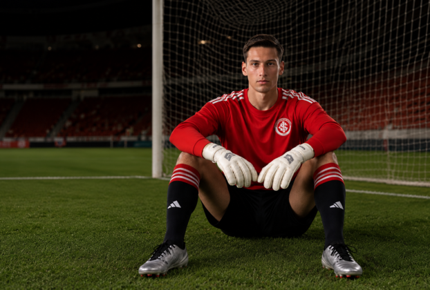 "Goleiro de futebol agachado no campo, usando uniforme vermelho, luvas brancas e chuteiras prateadas, com a rede do gol ao fundo."
