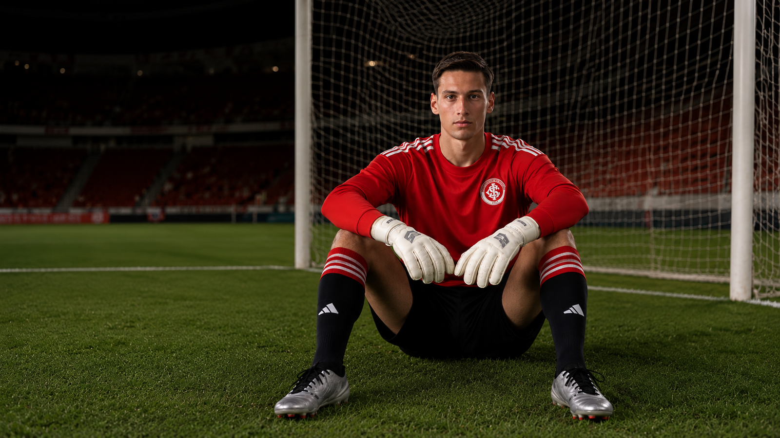 "Goleiro de futebol agachado no campo, usando uniforme vermelho, luvas brancas e chuteiras prateadas, com a rede do gol ao fundo."