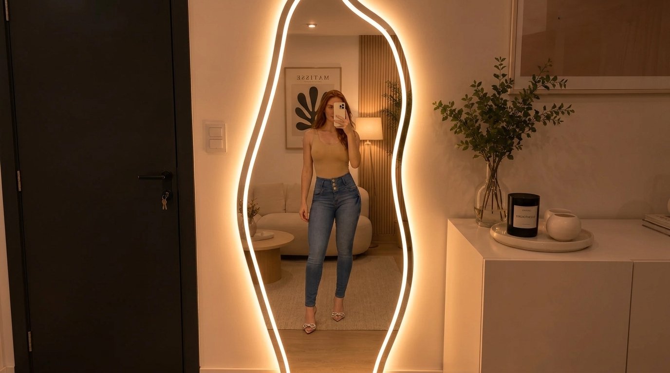 "Espelho de corpo inteiro com iluminação LED em formato orgânico, em um quarto moderno com cama, plantas e decoração minimalista."